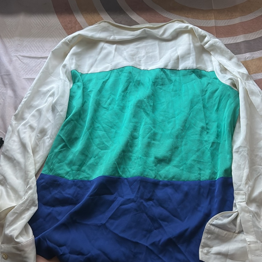 ✨Ann Taylor Color Block Green Blue White Button Down - Picture 7 of 8